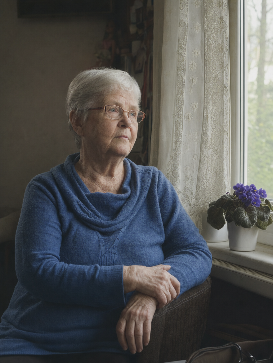 A quiet, candid portrait of a senior woman sitting alone by a window at home, looking out thoughtfully.