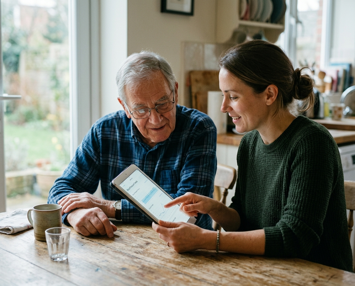 An older man and his adult daughter at a kitchen table, reviewing his health information together on a tablet.