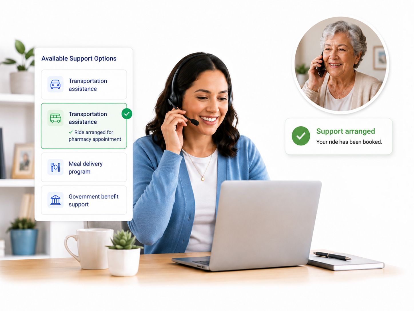 A CareLink care coordinator on a headset call, arranging support options for a senior — an interface shows transportation assistance, meal delivery, and government benefit support, with a ride booked for a pharmacy appointment confirmed.